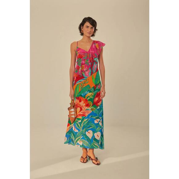 FARM Rio Midi Dress Mixed Flowery Ruffle One Strap Size XS Floral Summer Party - Picture 1 of 7